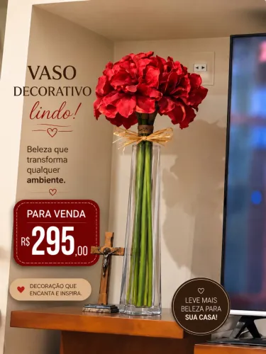 Vaso lindíssimo alto com flores vermelha !