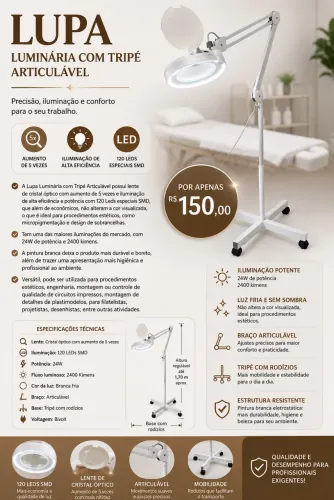 Lupa luminária com tripé articulável