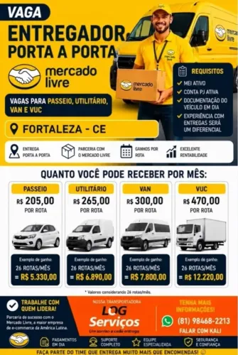 VENHA SER NOSSO MOTORISTA PARCEIRO MERCADO LIVRE FORTALEZA
