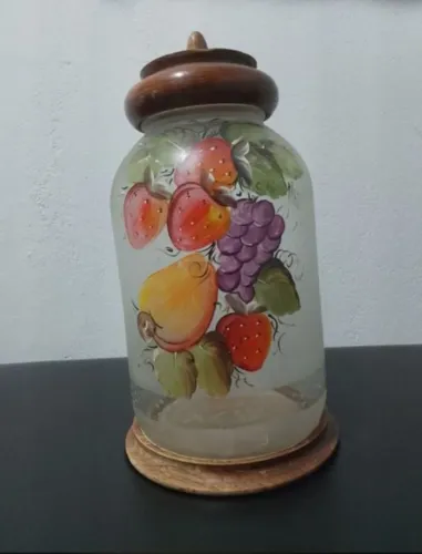 Pote de vidro com jato de areia anos 80 pintado à mão