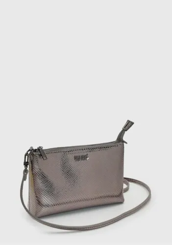 Bolsa Clutch metalizada Cinza Grafite alça transversal