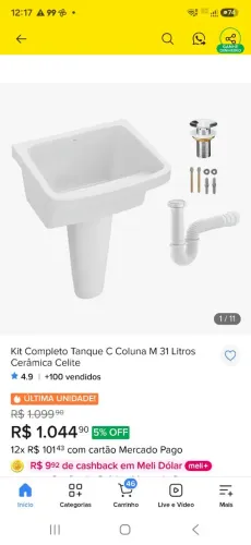 Tanque cerâmica celite com coluna, novo