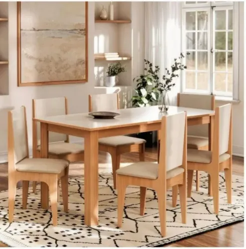 Mesa de Jantar Sara 1.43×0.83m c/6 Cadeiras Luana - Mel/Off White
