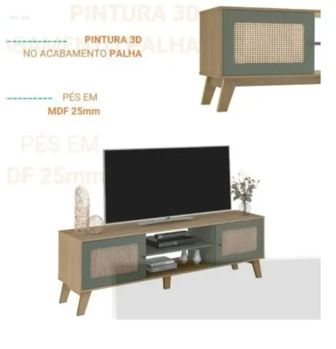 Rack para TV 1,80m com 2 Portas Cor Carvalho/Verde Menta