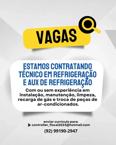 Vaga de auxiliar e técnico em refrigeração