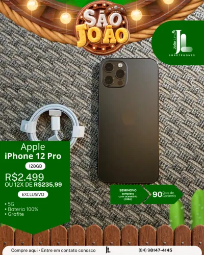 IPHONE 12 PRO, 128GB, GRAFITE, BAT 100%, SEMINOVO, EXCLUSIVO!