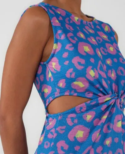 Vestido Riachuelo Míni Azul Estampado com Torção e Recortes | Tam PP