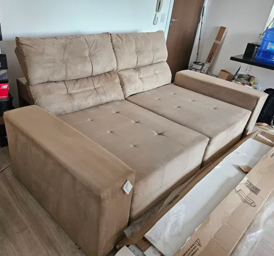 Sofá Retrátril e Reclinável 220cm em Suede Bege - Higienizado p/ venda