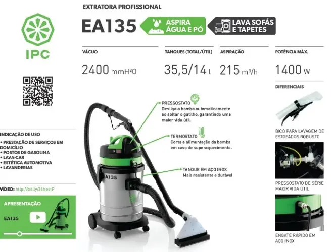 EXTRATORA PROFISSIONAL - EA135 - ASPIRA ÁGUA E PÓ - LAVA SOFÁS TAPETES E COLCHÃO
