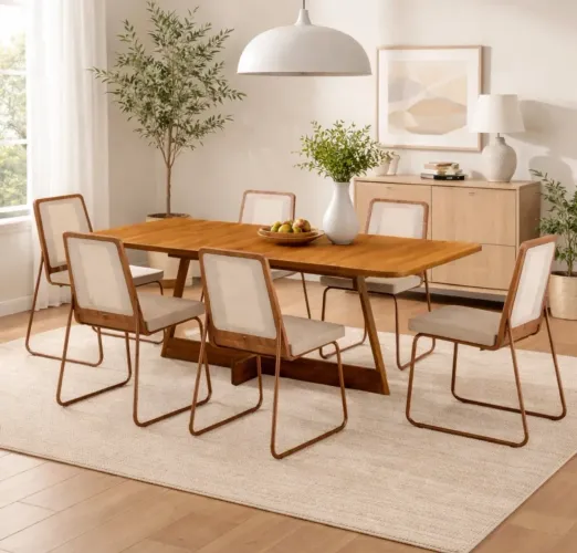 Mesa Jantar Design Industrial 6 Cadeiras em Aço e Mdf Tecido Linho p543