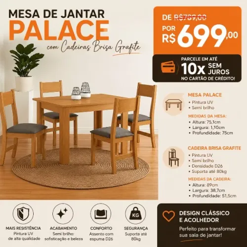 Mesa de Jantar Palace com Cadeiras Brisa Grafite