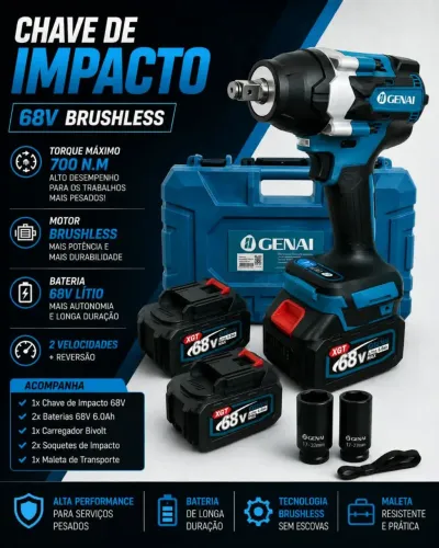 Chave de impacto Genai 68v Brushless com 2 baterias 700 Nm