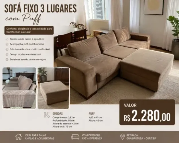 SOFÁ FIXO 3 LUGARES EM SUEDE COM PUFF