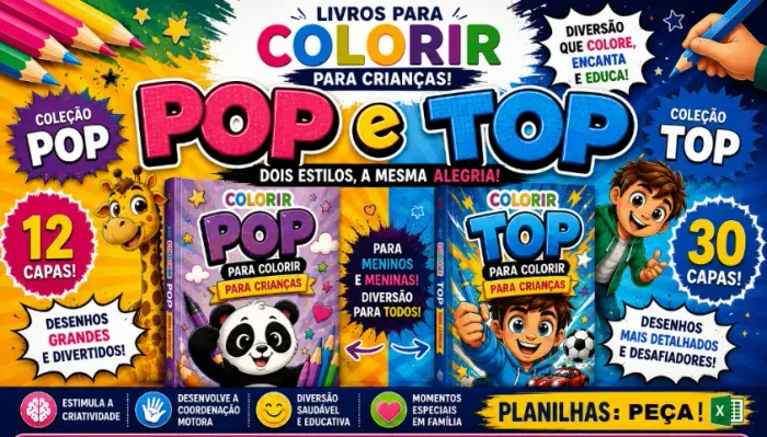 COLORIR - 2 KITS: REVISTAS POP c/ 12 por R$ 48,00 ou TOP por R$ 162,00 - NOVIDADES