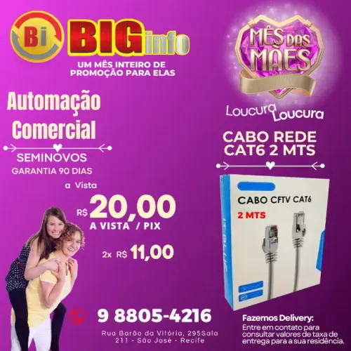 Cabo De Rede Cat6 2 Metros Ethernet Lan Giga 10/1000