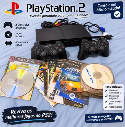 PlayStation 2 completo + 2 controles + jogos e acessórios