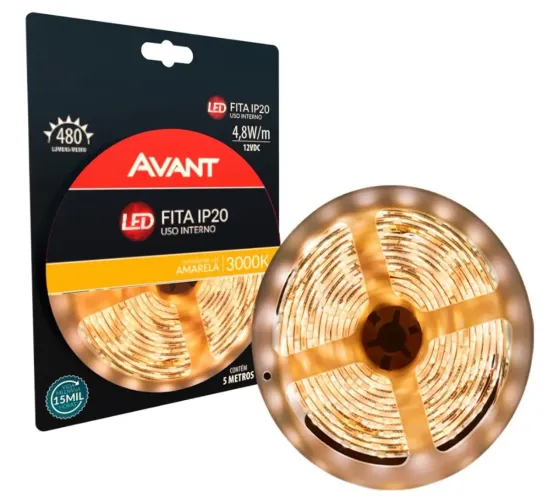 Fita Led Interna 4,8w 3000k Branco Quente 5 Metros 12v Ip20 60 Leds/m Cod: 192910534 Avant