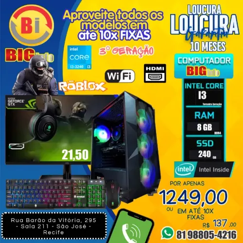 Computador Completo Intel I3 | 8gb | Ssd 256gb | Monitor 21,5 | Wifi |Em ate 10x Fixas