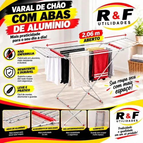 Varal de Chão Alumínio Botafogo Lar e Lazer 120x56x103 cm com abas