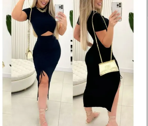 Vestido maravilhoso preto com franzido na perna .m