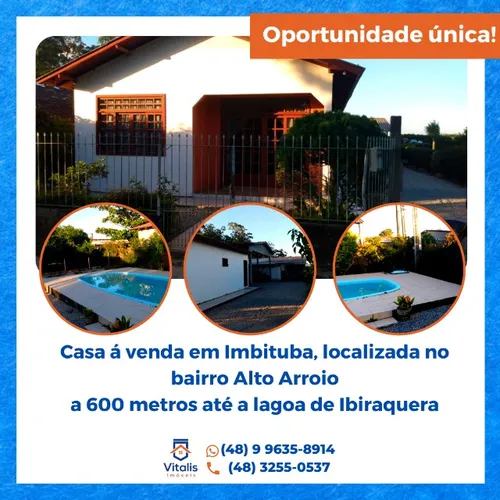 Casa em Imbituba, localizada no bairro Alto Arroio a 600 metros até a lagoa de Ibiraquera