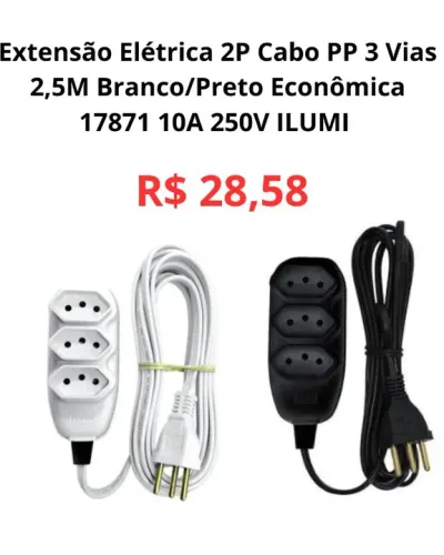 Extensão Elétrica Cabo PP 3 Vias 2,5M Branco/Preto Econômica 10A