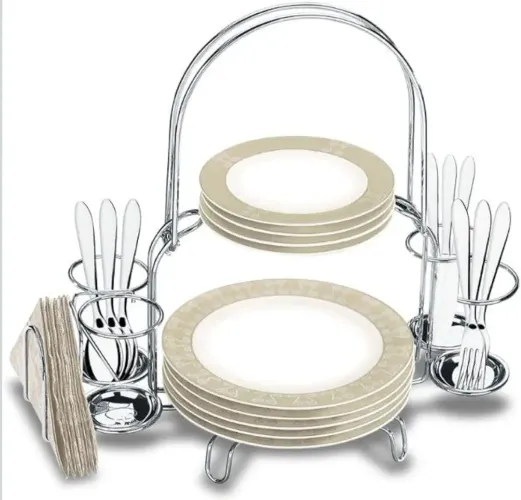 Suporte para pratos com porta talheres e guardanapos Brinox.