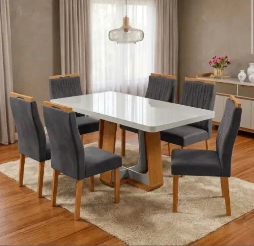 Conjunto Sala de Jantar Belluno 1,70 m com 6 Cadeiras Veludo Grafite