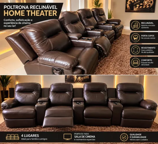 conjunto de cinema, automático com 4 poltronas retráteis e reclináveis de couro legítimo