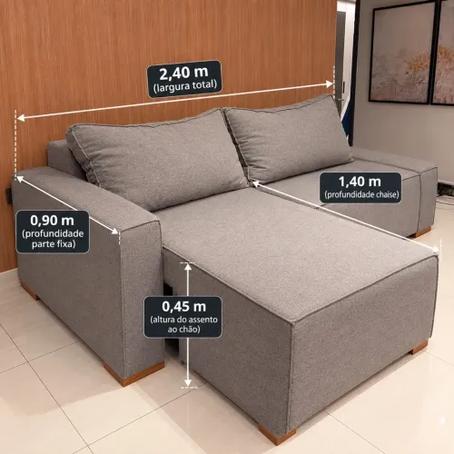 Sofá retrátil com chaise - 2,40 m - Cinza.