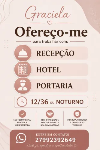 Me Ofereço para trabalhar. Recepção ,hotel portaria. 