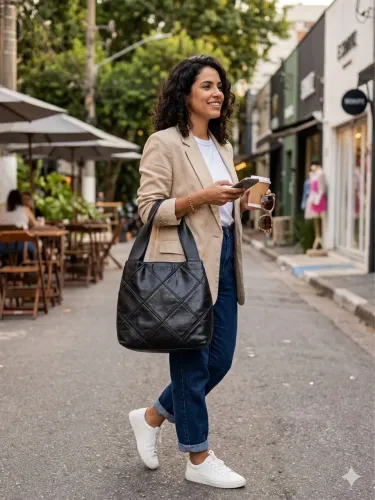 Bolsa shopping Schutz espaçosa preta couro ombro 