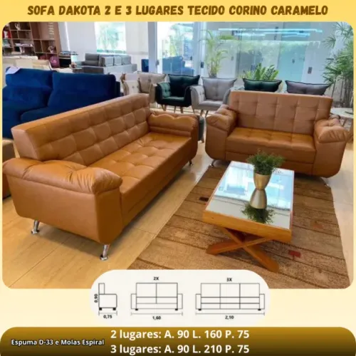 SOFA DAKOTA 2 E 3 LUGARES TECIDO CORINO CARAMELO