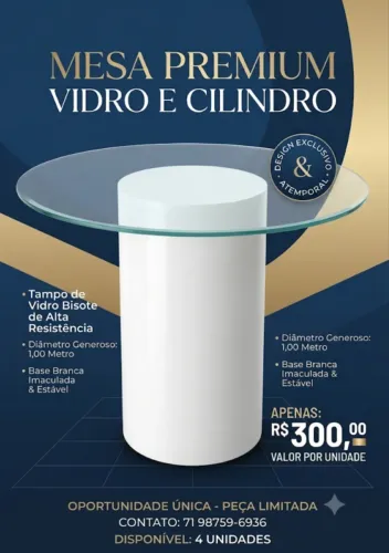 Mesa decorativa de vidro com pufe cilindro branco
