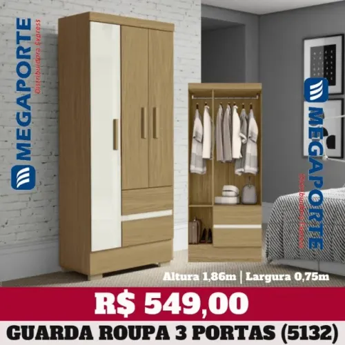 Guarda Roupa Solteiro 3 Portas 2 Gavetas com Pés (Novo) Entrega Grátis!