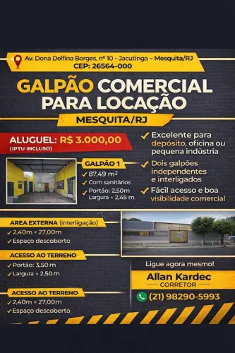 Alugo galpão com área de 170m². Bairro: Jacutinga, Mesquita/RJ.