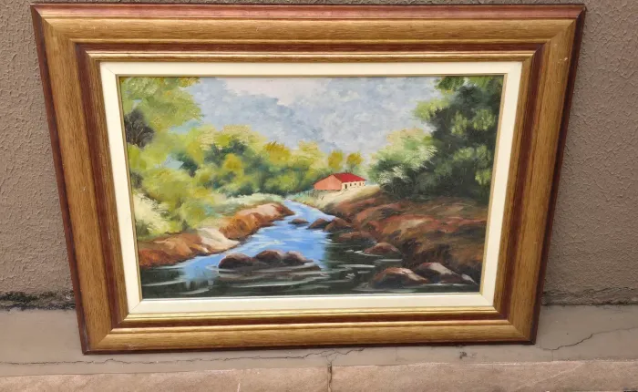 Quadro decorativo casinha no campo pintura à óleo