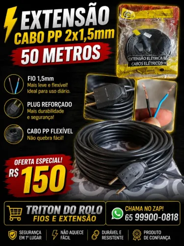 Extensão Cabo PP 2 x 1.5 mm Flexível 50 Metros