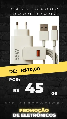 Carregador Turbo 55w USB-C Com Cabo Tipo C 1 Metro Fonte Bivolt 110v/220v