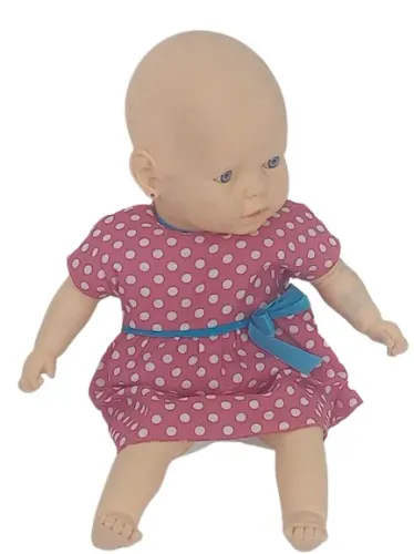 BONECA MEU BEBE - ESTRELA - VESTIDO ROSA DE BOLINHA BRANCA - USADA 