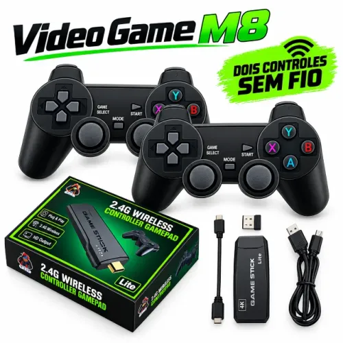 Game Stick M8 Para TV Adaptador HDMI Preto 2 Controles Sem Fio