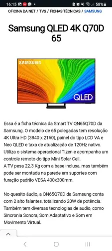 Smart Tv Samsung (QN65Q70D) QLED, "65" Polegadas, 4k Ultra Hd , [120HZ NATIVO] NOTAFISCAL