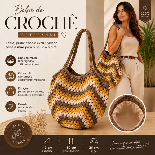 Bolsa de Ombro em Crochê Forrada com Fechamento Interno