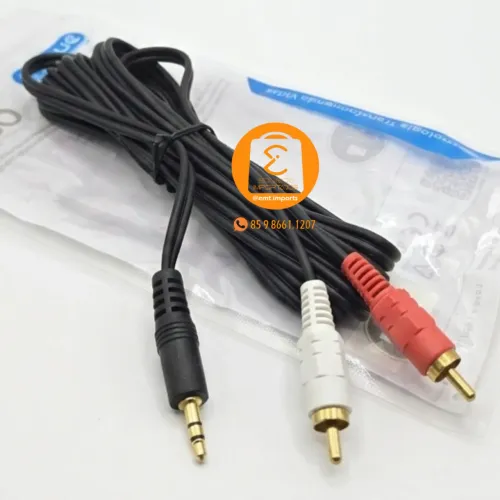 3 Metros, Cabo Auxiliar de Áudio P2 x 2 RCA (Conectar o Celular no Som)