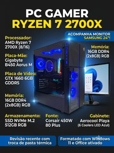 PC Gamer Ryzen 7 + GTX 1660 6GB | 16GB RAM RGB | SSD M.2 512GB + Monitor Samsung 24"