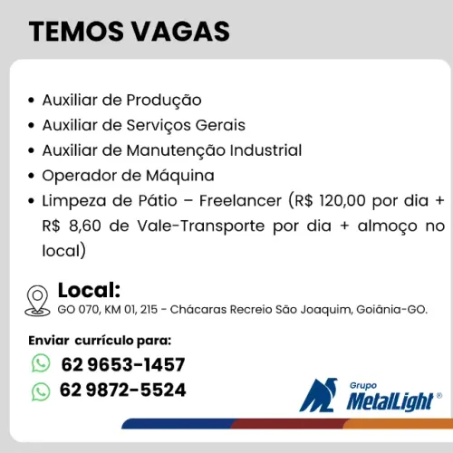 Grupo Metal Light tem vagas em aberto para:
