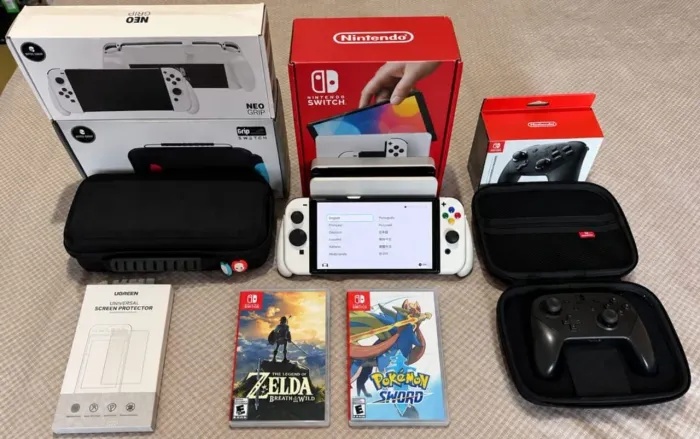Nintendo Switch Oled + Pokémon Sword + Zelda Botw + Controle Pro + Acessórios