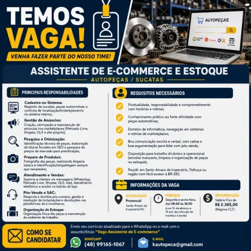 Vaga: Assistente de E-commerce e Estoque (Autopeças / Sucatas)