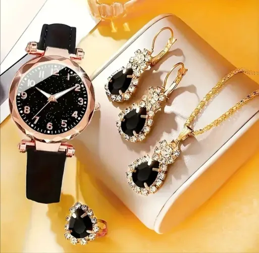 Kit Luxo Relógio Quartzo Árabe + Joias Design Céu Estrelado Couro Camurça Elegância Moda