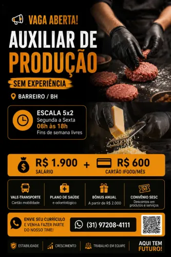 Auxiliar de Produção - 5x2 (Seg a Sex) - sem experiência